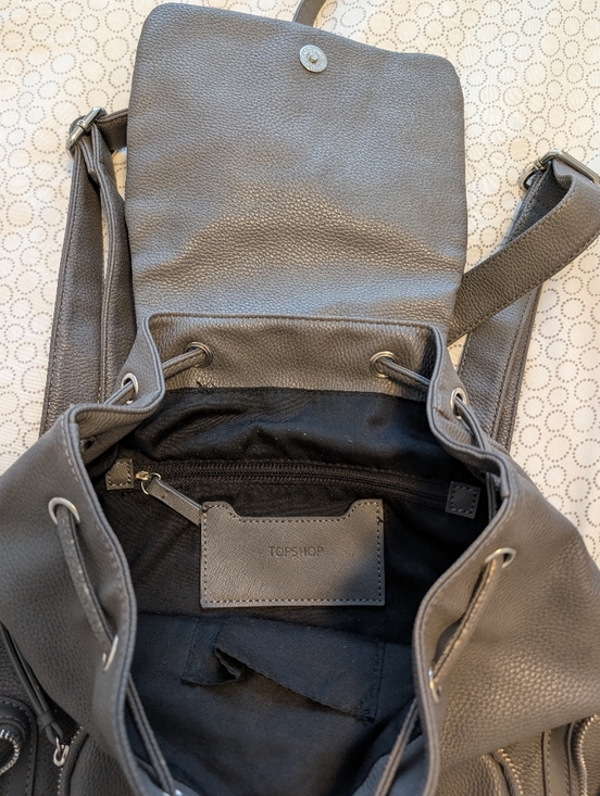 Topshop Grey Faux Leather Backpack - Drawstring Flap Daypack